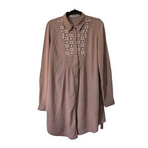 Embroidered Brown Blouse 100% Rayon Button Front Size Large